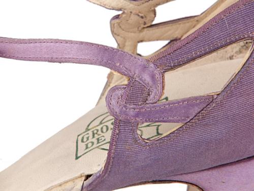 D'Orsay violet satin shoes with a buttoned strap.USA1920sShoe-Icons