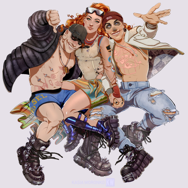 Illustration: Slit, Capable and Nux from Mad Max Fury Road posing together wearing Diesel brand clothing and New Rock Boots brand boots.