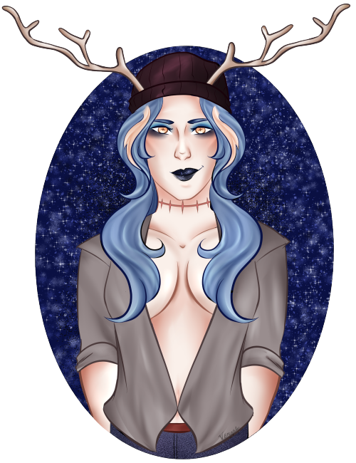 A deer-like OC with antlers on top, poking out of a red beanie. She has light blue hair with streaks of yellow, orange-yellow eyes, and pale skin. Her eyeshadow is light blue on top and dark on the bottom. She has a deep blue lipstick that has a galaxy-like pattern on it. Her arms are at her side and her brown long-sleeve shirt is mostly unbuttoned, showing majority of her cleavage. The background is like a starry night sky.