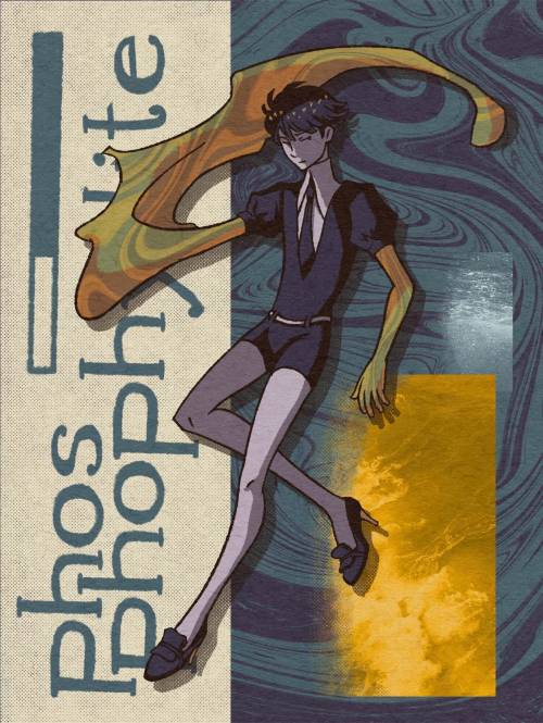 Phos with their left gold arm flowing out behind them, overlaid over a section of typography with their name on the right.