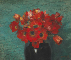 blastedheath:  Walter Vaes (Belgian, 1882-1958), Still life with red anemones on a green background. Oil on wood, 24.5 x 31 cm. 