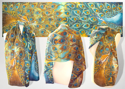artnouveaustyle:Handpainted peacock silk scarf in art nouveau style. From here.