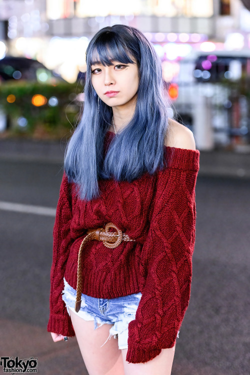 18-year-old Japanese singer and shop staff Chibisuke on the street in Harajuku with pastel hair, a c