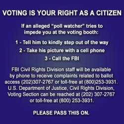 oswinstark:[VOTING IS YOUR RIGHT AS A CITIZEN If an alleged “poll watcher” tries to impede you at the voting booth: 1 - Tell him to kindly step out of the way2 - Take his picture with a cell phone3 - Call the FBI FBI Civil Rights Division staff will