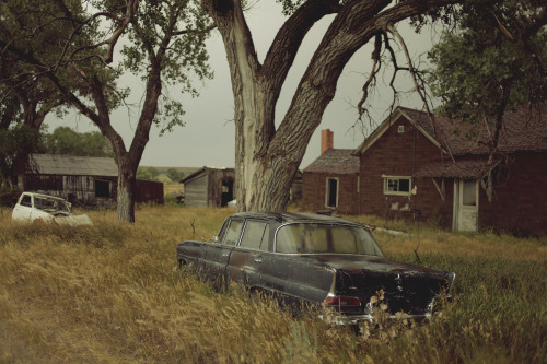 kylejthompson:  I found a ghost town while driving though the midwest. I spent the day wading through dead grass and exploring the vacant homes.  A rusty water tower lay on the outskirts of the town and the yards were littered with old cars.  New life