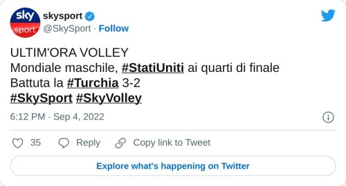 ULTIM'ORA VOLLEY Mondiale maschile, #StatiUniti ai quarti di finale Battuta la #Turchia 3-2#SkySport #SkyVolley  — skysport (@SkySport) September 4, 2022