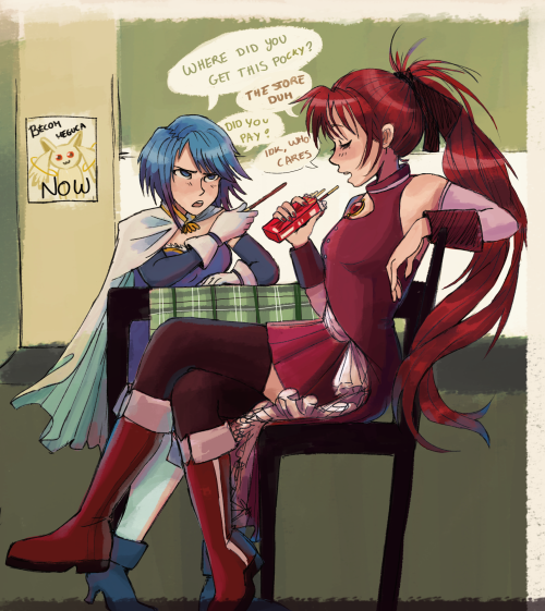 Digital illustration of Sayaka Miki and Sakura Kyoko from Puella magi Madoka magica, sitting and talking. Kyoko is aloof and wearing her magical suit. In the image she is shown sitting sideways, resting her arm on the back of the chair. She is halfway eating a pocky from the box. On the other side of the table is Sayaka on her magical suit scolding Kyoko. She is pointing a pocky at her while wearing a concerned expression. In the back, there's a poster of Kyubey that says: Becom Meguca NOW. They are in a green room with a window behind Sayaka.