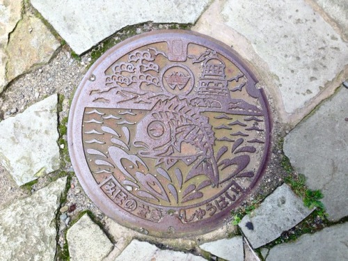 Picturesque manholes in Shimane prefecture, West Japan.Jumping sea bream found near Miho shrine, w