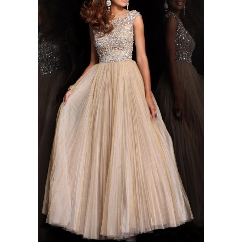 2015promdress:    Champagne Beads long prom dress,wedding dress