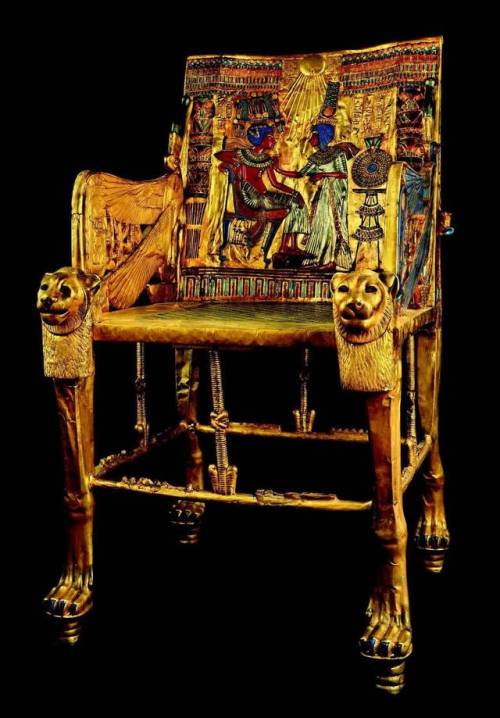 egypt-museum:Golden Throne of TutankhamunThe throne of Tutankhamun is made of wood, covered with gol