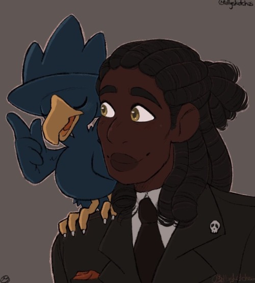 mellysketches:Kravitz and his little murkrow companion~