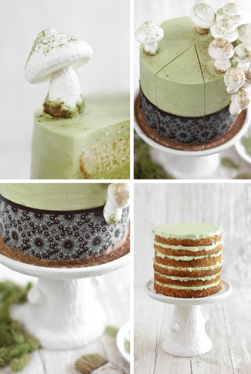 fuckyeahmatcha:confectionerybliss:Matcha-Almond Layer Cake with Meringue Mushrooms {by Sprinkle Bake