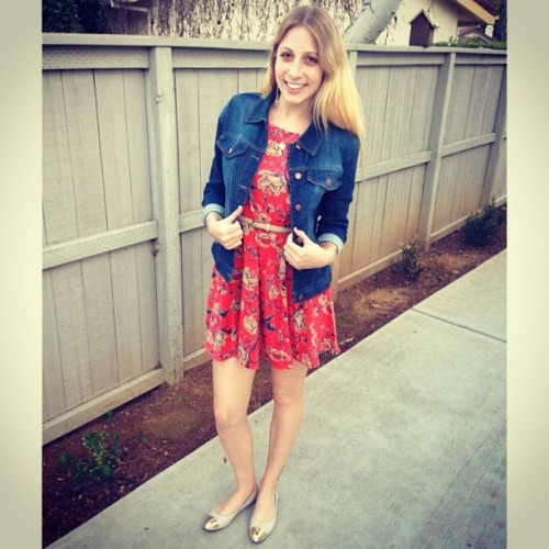 Denim jacket: Forever 21 Orange floral dress: MinkPink from HauteLook.com Gold tip nude flats: Forev