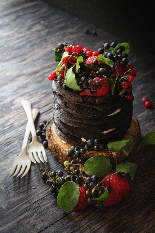 sweetoothgirl:  Chocolate Oatmeal Crepe Cake with Wild Grapes, Berries, and Bananas  