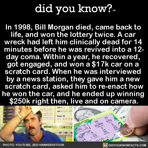 did-you-kno:  In 1998, Bill Morgan died, came back to  life, and won the lottery twice. A car  wreck had left him clinically dead for 14  minutes before he was revived into a 12- day coma. Within a year, he recovered,  got engaged, and won a มk car