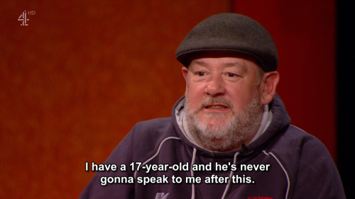 [ID: Two screencaps from Taskmaster. Johnny Vegas says, “I have a 17-year-old and he’s never gonna s