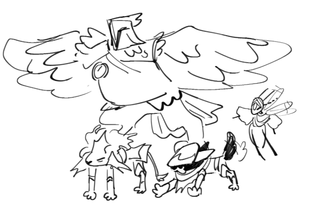 A doodle of the Four Knights of Gwyn as animals. Hawkeye Gough is flying with Artorias and Ornstein held in his talons, while Ciaran flies next to them.