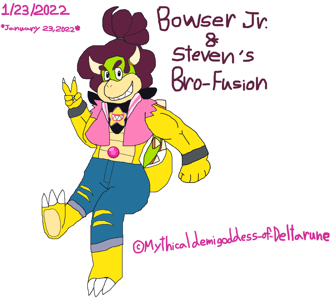 The Bro-Fusion of Bowser Junior & Steven Quartz Universe of 2022----------------------------Credit for Bowser Jr. from The Super Mario series goes to NintendoCredit for Steven Quartz Universe from Steven Universe series goes to Rebecca Sugar.this was inspired by MarioKartGamerDudes Mario x Equestria Girls: Dimensional Crisis. --------------------------we know that not all fusions are the romantic kind, and some are platonic.Steven and Amethyst fusion are like a Sibling type Fusion, the same can be said for Steven and Bowser Jr.’s fusion, their fusion could actually have four arms but they are able to be put away and appear again when needed.I can’t really think up a name for Junior and Steven’s “Bro-Fusion” but if anyone has some ideas I would love to hear them, and I can edit this drawing to include the name.their fusion’s hair color can be seen as being a mix between Steven and Junior’s respective hair colors.the height of Steven and Junior’s fusion could be tall and have Sunset come up to their shoulder, but there could still be some characters who are much taller than Steven and Junior’s fusion.this fusion has both Steven and Junior’s powers,from healing to breathing fire, as well as a magic paint brush.being a mix of the two Princes (Steven would still be technically a Prince.)they could end up making anything they draw with the Gem Powered Paint Brush, become permanently alive, so they will need to be careful how they create by using a Gem Powered Paint Brush.this is just a fanart and shouldn’t be seen as truly part of the whole Mario x Equestria Girls series, as this was just inspired by it and I had to draw what I believe Steven and Junior’s fusion might look like.and once again if anyone has any ideas for a name for this fusion,I would love to hear ideas of what they should be called and once a name is picked, I will edit this drawing to show the name.                #steven quartz universe #bowser junior#fusion #steven universe fanart  #super mario fanart #crossover fanart