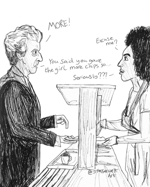 The word got out that Bill gives out extra chips.. #PeterCapaldi #PearlMackie #DoctorWho #drawing 