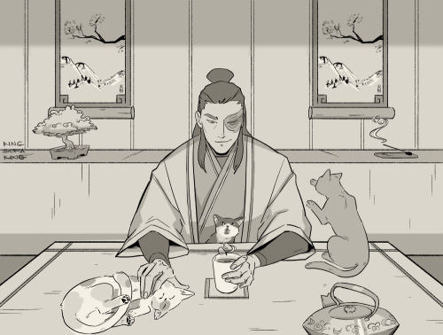 elwinheslege:  kingsofaking:cat lord zuko wip!!   (ID: Zuko from Avatar the Last Airbender, drawn as an adult. Half his hair is up in a bun, and he is sitting having a cup of tea. He is smiling, holding his cup in his left hand and petting a cat with