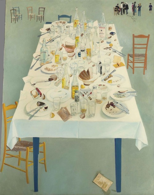 terminusantequem:Spyros Vassiliou (Greek, 1902-1984), After dinner at Kostis ,1972. Oil and collage 