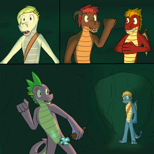 Spike’s Quest - Chapter 7[P 185] [P 186]While setting up booby traps and gathering ingredients for some more experiments, I found something amazing.  I think it’s the entrance to the rumored magic dragon mountain.  It had all these runes on
