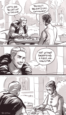 junryou: sacrifice // Y’know how that chess game with Cullen was supposed to be all cheery and flirty? Well, the cutscene popped up right after HLTA in this playthrough. Trevelyan hadn’t had time to confront her guilt. (You may want to click through