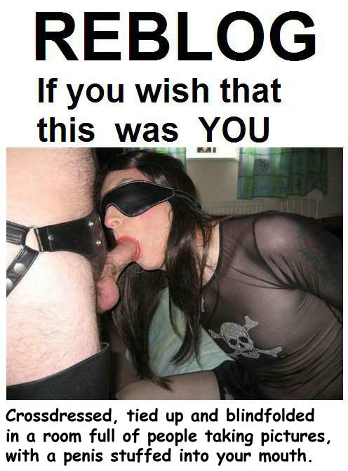 publicsissy:  feminization:  Croosdressed, tied up and blindfolded in a room full of people taking pictures, with a penis stuffed into your mouth!  i wish i wish !     where do i sign up for that and you can have all those people abuse me as well.