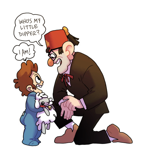 kickingshoes:  More fanart! Our favorite parts of Gravity Falls are when Grunkle Stan and the twins have family time (Scarey-oke has been our favorite). I really want to see more stuff like that: what if Grunkle Stan had to take care of the when they