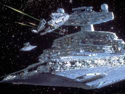 analinvaderz:  Millennium Falcon being chased by an Imperial Star Destroyer.