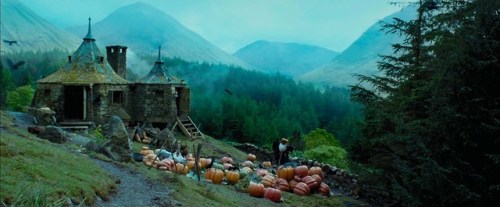 Misty view of the Scottish Highlands framing the Groundskeeper’s Hut and pumpkin patch, Hogwarts Sch