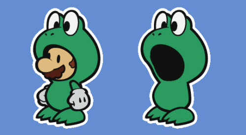 suppermariobroth:  Frog Suit Mario from Paper Mario: Color Splash, and the empty Frog Suit that falls off him when he gets hit in that state.