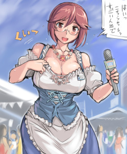 Gelbooru- Image View - 1girl apron badge bar maid bespectacled blush breasts brown eyes brown hair cleavage corset crowd dirndl dress flower flower necklace flying sweatdrops german clothes glasses jewelry large breasts microphone necklace oktoberfest