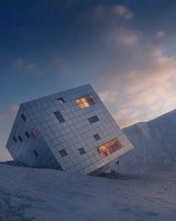 agent-fucking-carter:cubebreaker:Prague firm Atelier 8000 designed this sustainable cube lodge in the High Tatra mountains of Slovakia to have three sides visible at all times, with 100% of its power being provided by square photovoltaic panels.  what