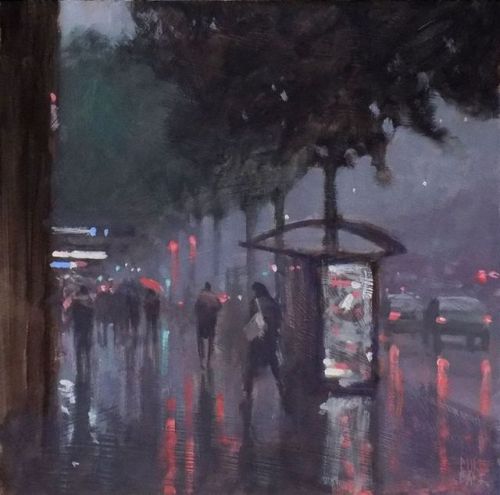 huariqueje:    Bus Stop , King William Street   -   Mike BarrAustralian,b.1955-oil on board , 30 x 30 cm.