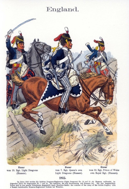 cuirassier:British hussars, 1815, plate by R. KnotelFrom left to right:15th Light Dragoons (Hussars)