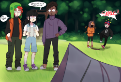 9septic9melon9:  I wanted to draw in this style for really long time and finally I did :DTbh I enjoyed drawing these way too much To the actual pictures,, I’m gonna call this Camping AU for now – basically the dorks went camping and shit will go