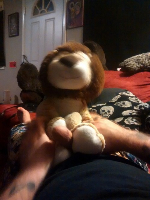 My new stuffie Courage the lion tried to help Daddy get in the mood @thedoghouse09