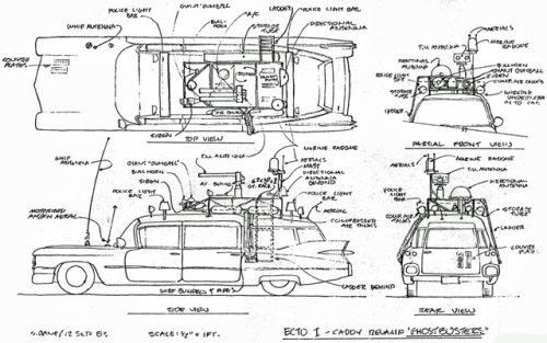 Model sheets for the Ghostbusters vehicle, the Ecto-1. The recognizable car (a converted 1959 Cadill