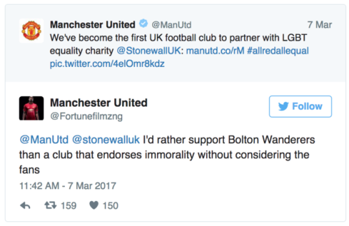 gaywrites:  In which Manchester United partners with the U.K. LGBT organization Stonewall, someone gets homophobic about it, and that someone is promptly shown the door. I love so much about this. (via BuzzFeed)