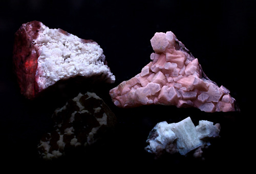 Aragonite, some with sulfur, from Sicily, Italy.  Shown under white light, short wave ultraviolet, m