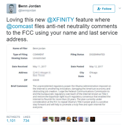 arcaneloquence: oldmanyellsatcloud:  rsbenedict:  Hooooly shit. According to this writer, Xfinity is falsely impersonating its customers in order to post anti-net neutrality comments on the FCC website. Try to even it out by visiting gofccyourself.com