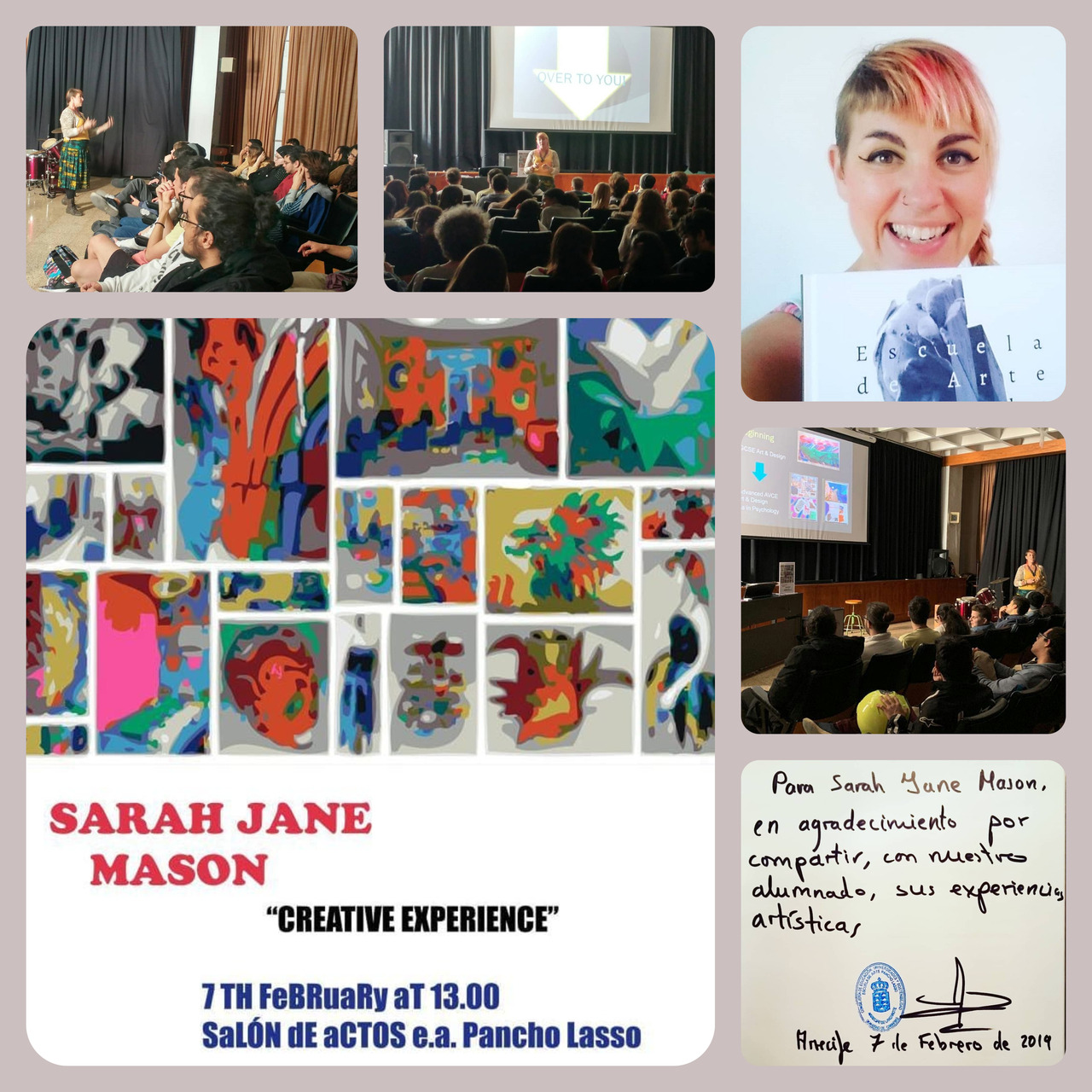 <h2>Creative Experience - presentation at Escuela de Arte Pancho Lasso  </h2><p>Over the past few weeks <a href="https://t.umblr.com/redirect?z=http%3A%2F%2Fsarahjanemason.com&t=ZWJjMzU0ZGVmMTA1NDJlYTdkNGI0MDZhZDAyY2QxMmRmZThlMzNiMCxnM2pOc1B4aw%3D%3D&b=t%3AKRR4Ot1tAaq9VthTWRX8Gg&p=https%3A%2F%2Fthelacunastudios.tumblr.com%2Fpost%2F182790072571%2Fcreative-experience-at-escuela-de-arte-pancho&m=1" target="_blank">Sarah-Jane</a> has been in touch with the fabulous team at <a href="https://t.umblr.com/redirect?z=http%3A%2F%2Fpancholasso.com%2F&t=Y2YyZDA5MTg4YTQyODE0ZjkwOWMzM2IwZTZkMDQxODAxNzFjYWRlYyxnM2pOc1B4aw%3D%3D&b=t%3AKRR4Ot1tAaq9VthTWRX8Gg&p=https%3A%2F%2Fthelacunastudios.tumblr.com%2Fpost%2F182790072571%2Fcreative-experience-at-escuela-de-arte-pancho&m=1" target="_blank">Escuela de Arte Pancho Lasso</a>, the Lanzarote School of Art. The discussions between them led to Sarah-Jane delivering a presentation to many of their students, lecturers and alumni last week.</p><p>The presentation topic was about Sarah-Jane’s ‘Creative Experience’ to-date, and her artistic journey so far. It also provided an opportunity to talk about The Lacuna Studios and what we intend to bring to the island. </p><p>Sarah-Jane was introduced by Carmen Miranda a lecturer from the college. Sarah-Jane talked about her formal art education from GCSE through to her PGCE. The progression initially led to Sarah-Jane being a secondary school teacher in Leeds. However, after five years, she decided that this wasn’t the career choice that best suited her and she moved to Cyprus to undertake her Masters Degree with the support of artist and educator <a href="https://t.umblr.com/redirect?z=https%3A%2F%2Fen.wikipedia.org%2Fwiki%2FStass_Paraskos&t=MTMzOWI0ZjQ4MDdlMTg0NjFkNWU4OGFiZTYzYjE5MmZmOTRhMTg0YixnM2pOc1B4aw%3D%3D&b=t%3AKRR4Ot1tAaq9VthTWRX8Gg&p=https%3A%2F%2Fthelacunastudios.tumblr.com%2Fpost%2F182790072571%2Fcreative-experience-at-escuela-de-arte-pancho&m=1" target="_blank">Stass Paraskos</a> at the <a href="https://t.umblr.com/redirect?z=https%3A%2F%2Fwww.artcyprus.co%2F&t=N2E0N2JjMzQzZDgyZTQ5OGE2NmM5ZWYwYTg1MDlmZjYxNzg3Njg1ZSxnM2pOc1B4aw%3D%3D&b=t%3AKRR4Ot1tAaq9VthTWRX8Gg&p=https%3A%2F%2Fthelacunastudios.tumblr.com%2Fpost%2F182790072571%2Fcreative-experience-at-escuela-de-arte-pancho&m=1" target="_blank">Cyprus College of Art</a>. Stass had a huge influence on not only her art but also on her vision of her career and indeed her whole life for the future. </p><p>Sarah-Jane returned from Cyprus and set up as an Artist Educator, working creatively in many varied locations. Some examples are <a href="https://t.umblr.com/redirect?z=https%3A%2F%2Fwww.thetetley.org%2F&t=NzczNmU5ZjdmMTJmNWYzOTdhYzNlNmZkN2VlYjUyYWU5Nzk4ZjgzYixnM2pOc1B4aw%3D%3D&b=t%3AKRR4Ot1tAaq9VthTWRX8Gg&p=https%3A%2F%2Fthelacunastudios.tumblr.com%2Fpost%2F182790072571%2Fcreative-experience-at-escuela-de-arte-pancho&m=1" target="_blank">The Tetley Art Gallery</a>, <a href="https://t.umblr.com/redirect?z=https%3A%2F%2Fwww.leeds.gov.uk%2Fmuseumsandgalleries%2FHome&t=ODI4MTkzYWQ1MGM0OTAxMjBjMzNkYzVjNjIzNTg1N2M0YTVhNDkyNCxnM2pOc1B4aw%3D%3D&b=t%3AKRR4Ot1tAaq9VthTWRX8Gg&p=https%3A%2F%2Fthelacunastudios.tumblr.com%2Fpost%2F182790072571%2Fcreative-experience-at-escuela-de-arte-pancho&m=1" target="_blank">Leeds Museums</a>, <a href="https://t.umblr.com/redirect?z=http%3A%2F%2Fwww.cannon-hall.com&t=N2JmZmYzNDBjYjRlMmJjMzJmNGY1OGNhZDU3NzAxNjA2NGYxMDM5YixnM2pOc1B4aw%3D%3D&b=t%3AKRR4Ot1tAaq9VthTWRX8Gg&p=https%3A%2F%2Fthelacunastudios.tumblr.com%2Fpost%2F182790072571%2Fcreative-experience-at-escuela-de-arte-pancho&m=1" target="_blank">Cannon Hall Museum Park and Gardens</a>, <a href="https://t.umblr.com/redirect?z=https%3A%2F%2Fwww.artscouncil.org.uk%2F&t=YTc5N2Q1ZDE1MmE0ZDQ2ZWIwMzFkMTc3OTI2ZDM0YTE1MTk2NzVkNixnM2pOc1B4aw%3D%3D&b=t%3AKRR4Ot1tAaq9VthTWRX8Gg&p=https%3A%2F%2Fthelacunastudios.tumblr.com%2Fpost%2F182790072571%2Fcreative-experience-at-escuela-de-arte-pancho&m=1" target="_blank">Arts Council England</a>, <a href="https://t.umblr.com/redirect?z=https%3A%2F%2Fwww.artscouncilcollection.org.uk%2F&t=ZGUwZWFkZWNmMzM0NTZlN2UxZWI1NjdmYzhiM2ExNmZiMjZlY2FkOCxnM2pOc1B4aw%3D%3D&b=t%3AKRR4Ot1tAaq9VthTWRX8Gg&p=https%3A%2F%2Fthelacunastudios.tumblr.com%2Fpost%2F182790072571%2Fcreative-experience-at-escuela-de-arte-pancho&m=1" target="_blank">The Arts Council Collection</a>, <a href="https://t.umblr.com/redirect?z=https%3A%2F%2Fwww.artsedarchive.org.uk%2F&t=ZDUxYmQxOTQzYjliOTZjZDQ5MDUyMTQ3YTgxNWRlNGU5NGM1YTM1ZixnM2pOc1B4aw%3D%3D&b=t%3AKRR4Ot1tAaq9VthTWRX8Gg&p=https%3A%2F%2Fthelacunastudios.tumblr.com%2Fpost%2F182790072571%2Fcreative-experience-at-escuela-de-arte-pancho&m=1" target="_blank">The National Arts Education Archive</a>, <a href="https://t.umblr.com/redirect?z=https%3A%2F%2Fmarksintime.marksandspencer.com%2Fhome&t=YTQxMTRjZGVhYTRmYzc1NmVmM2ViMTdiZjVlMTI3OWFiODlmMGU5YixnM2pOc1B4aw%3D%3D&b=t%3AKRR4Ot1tAaq9VthTWRX8Gg&p=https%3A%2F%2Fthelacunastudios.tumblr.com%2Fpost%2F182790072571%2Fcreative-experience-at-escuela-de-arte-pancho&m=1" target="_blank">The Marks and Spencer Archive</a> and National Portfolio Galleries such as the <a href="https://t.umblr.com/redirect?z=https%3A%2F%2Fysp.org.uk%2F&t=MGY0YTI2ZmY5OTllMzZlN2I4M2RiYjA1YWI0NDA0MWZhMmM1ZTY4NyxnM2pOc1B4aw%3D%3D&b=t%3AKRR4Ot1tAaq9VthTWRX8Gg&p=https%3A%2F%2Fthelacunastudios.tumblr.com%2Fpost%2F182790072571%2Fcreative-experience-at-escuela-de-arte-pancho&m=1" target="_blank">Yorkshire Sculpture Park</a>. Sarah-Jane has developed her own publishing house <a href="https://t.umblr.com/redirect?z=http%3A%2F%2Fnextgenerationpublications.com%2F&t=ZGZhY2JhYjkyMGEzZmQzNDA4NWE0N2I1NWU4YjgxN2RlZWVmNWZiMCxnM2pOc1B4aw%3D%3D&b=t%3AKRR4Ot1tAaq9VthTWRX8Gg&p=https%3A%2F%2Fthelacunastudios.tumblr.com%2Fpost%2F182790072571%2Fcreative-experience-at-escuela-de-arte-pancho&m=1" target="_blank">Next Generation Publications</a> which has been able to publish a number of books created by participating children and relating to projects she has delivered over a number of years (these books are now available from the <a href="https://t.umblr.com/redirect?z=https%3A%2F%2Fwww.bl.uk%2F&t=ZWU5MTc3M2Y2ZDMwN2NkYzM5OWNhYzgyNmMxYjZhYjg1MDc5ZGNiMSxnM2pOc1B4aw%3D%3D&b=t%3AKRR4Ot1tAaq9VthTWRX8Gg&p=https%3A%2F%2Fthelacunastudios.tumblr.com%2Fpost%2F182790072571%2Fcreative-experience-at-escuela-de-arte-pancho&m=1" target="_blank">British Library</a>).</p><p>The final section of Sarah-Jane’s talk explained about how her past experiences and teachings from Stass have led to the creation of <a href="https://t.umblr.com/redirect?z=http%3A%2F%2Fthelacunastudios.com&t=YTNhOWYxNGJmZGVjMGU3YjdmNDc1Mzc5NTRlNDliNTc1YmU4ZDEwMSxnM2pOc1B4aw%3D%3D&b=t%3AKRR4Ot1tAaq9VthTWRX8Gg&p=https%3A%2F%2Fthelacunastudios.tumblr.com%2Fpost%2F182790072571%2Fcreative-experience-at-escuela-de-arte-pancho&m=1" target="_blank">The Lacuna Studios</a>. She explained that how, along with <a href="https://t.umblr.com/redirect?z=http%3A%2F%2Finstagram.com%2Fsct73&t=NmViOTY0YjAxMTQyMDNlZWYzNmM3OWIwY2VjYjA2ODE1NTJlYmFhOSxnM2pOc1B4aw%3D%3D&b=t%3AKRR4Ot1tAaq9VthTWRX8Gg&p=https%3A%2F%2Fthelacunastudios.tumblr.com%2Fpost%2F182790072571%2Fcreative-experience-at-escuela-de-arte-pancho&m=1" target="_blank">Simon Turner</a>, they aim to create residential art studios on the island of Lanzarote to provide facilities for both local and international artists and art students to learn and create in relaxed surroundings with no obligations.</p><p>Sarah-Jane talked about her experiences with other influential artists and her involvement with The Frozen Academy, an arts collective headed by <a href="https://t.umblr.com/redirect?z=https%3A%2F%2Fwww.artlist.cz%2Fjosef-danek-5002%2F&t=OGVmODEwMWFhZTQxYmFlMjc0NzFmNGYzOGZmNDc4MzU5ODdmYWRlNixnM2pOc1B4aw%3D%3D&b=t%3AKRR4Ot1tAaq9VthTWRX8Gg&p=https%3A%2F%2Fthelacunastudios.tumblr.com%2Fpost%2F182790072571%2Fcreative-experience-at-escuela-de-arte-pancho&m=1" target="_blank">Josef Danek</a>.  She also spoke of her regular involvement in the <a href="https://t.umblr.com/redirect?z=http%3A%2F%2Fwww.galerielavieilleposte.org%2Fid27.html&t=MGExZjZiYmM2YjViNThiNmVhNjdkNDQyODg1ZGEwOWViZWQwYzI2OSxnM2pOc1B4aw%3D%3D&b=t%3AKRR4Ot1tAaq9VthTWRX8Gg&p=https%3A%2F%2Fthelacunastudios.tumblr.com%2Fpost%2F182790072571%2Fcreative-experience-at-escuela-de-arte-pancho&m=1" target="_blank">Larroque Arts Festival</a>, directed by Professor Kenneth G. Hay from the <a href="https://t.umblr.com/redirect?z=http%3A%2F%2Fwww.galerielavieilleposte.org%2Findex.html&t=ZTJjODdlMGRlOWQwNjI2YjA4NTRkNjFkNDRjODc3MzUzNzgwZTU2ZCxnM2pOc1B4aw%3D%3D&b=t%3AKRR4Ot1tAaq9VthTWRX8Gg&p=https%3A%2F%2Fthelacunastudios.tumblr.com%2Fpost%2F182790072571%2Fcreative-experience-at-escuela-de-arte-pancho&m=1" target="_blank">Gallerie la Vielle Poste</a> in Larroque. This is an international Arts Festival based in the rural village of Larroque in the South of France. The Lacuna Studios is proud to twin with for 2019 and deliver the Lanzarote Arts Festival at the end of July through to the beginning of August.</p><p>Sarah-Jane opened up the floor for questions from the audience with some very interested students keen to find out more about The Lacuna Studios, the Lanzarote Arts Festival and also about Sarah-Jane’s history.</p><p>The Escuela de Arte Pancho Lasso presented Sarah-Jane with a copy of the book telling the History of Escuela de Arte Pancho Lasso, to mark the occasion. The book is now a part of The Lacuna Studios Library which will be based at and accessible through the studios.</p><p>More details about the Lanzarote Arts Festival 2019 will be available shortly from <a href="http://thelacunastudios.com" target="_blank">The Lacuna Studios</a> website and <a href="http://facebook.com/thelacunastudios" target="_blank">facebook</a> page</p>