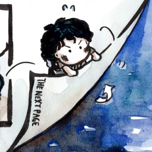 [image: Ink and watercolour comic panel closeup of a person drawn in a cute chibi style, with scratc