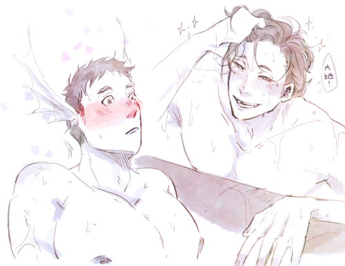 first time merman daichi seeing kuroo with his hair down and slicked back. beefy merman au [1] [2] [