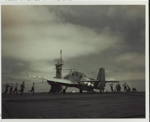 usaac-official: A TBF Avenger shortly after landing on a training carrier, summer 1943.