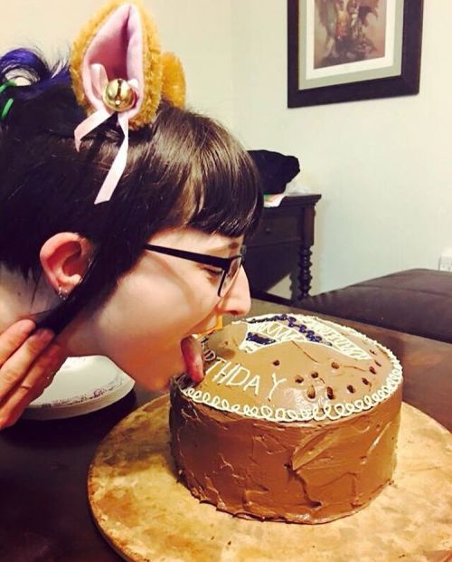 andromedaneko:  Me licking my pantsu birthday cake…hehe #me #birthday #shimapan #catears