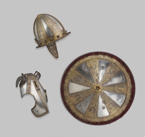 Cabasset, Shaffron, and Rondache from a Garniture. Produced in Milan, Italy, late 16th century.from 