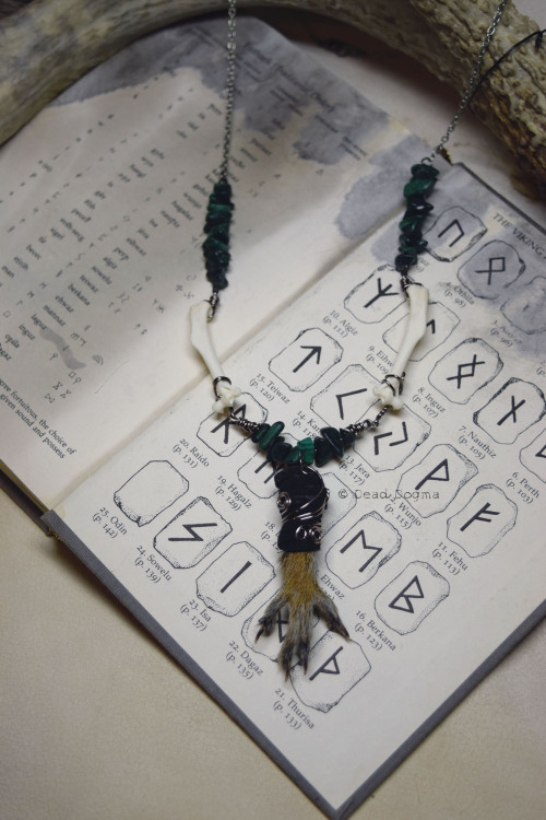Scavenger’s Rosary - Squirrel paw with malachite and bone necklace - Available here.