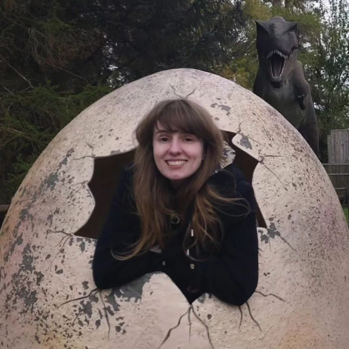 A photo of a woman smiling from the large crack in a massive egg shell. A t-rex can be seen behind her.